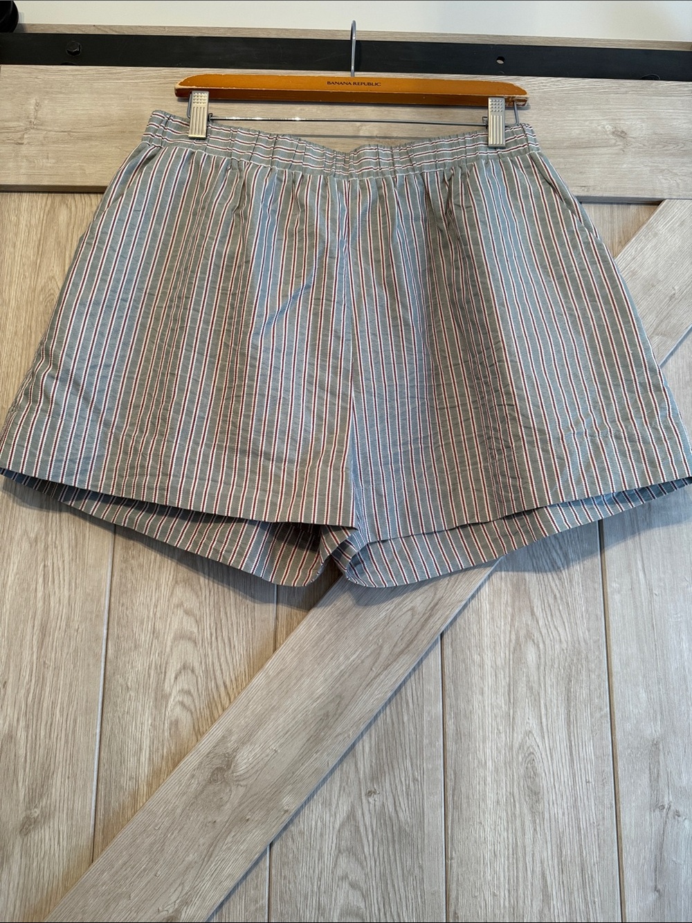 Pomander Place High-Waist Striped Shorts in Sage Green with Maroon stripes